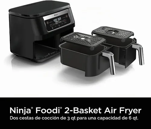 Vista 10 de Ninja Foodi DZ090C - Freidora de aire 5 en 1, 6 cuartos de galón, 2 cestas con tecnología DualZone, color negro