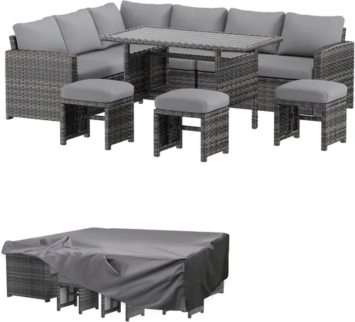 Vista 8 de AECOJOY Juego de muebles de patio al aire libre, 7 piezas de mesa de comedor y sillas seccionales de ratán, sofá de conversación de mimbre para todo