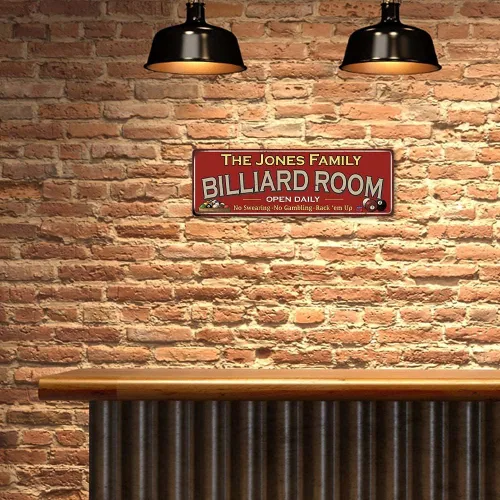Vista 4 de Letrero de metal rojo personalizado para sala de billar, letreros de pared, ideas decoraciones, juegos, piscina, retro, sala de juegos, placa