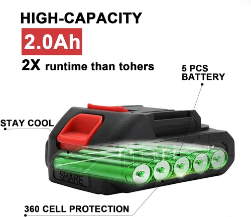 Vista 2 de Batería de litio de 21V - Batería de 2.0 Ah con adaptador de cargador, indicador LED, compatible con soplador de hojas y cultivador inalámbrico