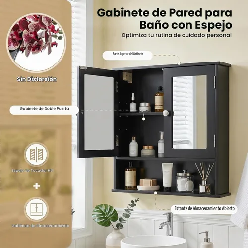 Vista 6 de GLACER - Armario de pared de baño moderno con espejo y estante ajustable Negro
