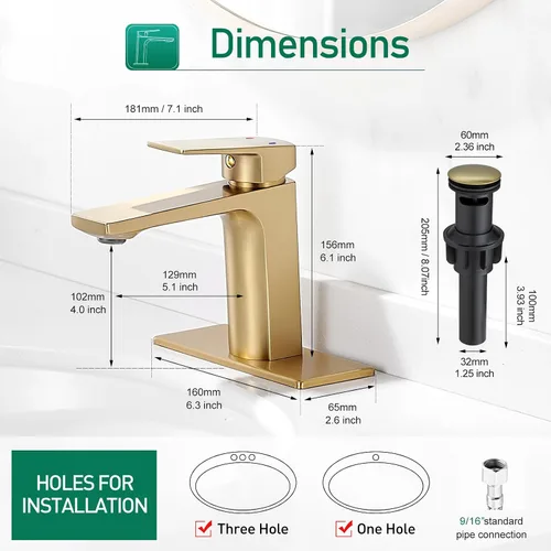 Vista 6 de VOTON - Grifo de fregadero de baño de oro cepillado con una sola manija y desagüe desplegable para lavabo de 1 agujero o 3 agujeros con placa