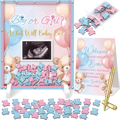 Vista 7 de Beeveer 65 piezas de libro de invitados para baby shower, libro de invitados azul para baby shower, libro de invitados con marco de fotos y 60 chips
