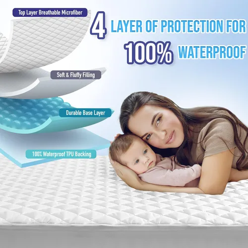 Vista 2 de HYLEORY Protector de colchón impermeable tamaño Full XL, cubierta de colchón acolchada transpirable, protector de colchón ajustado impermeable Blanco