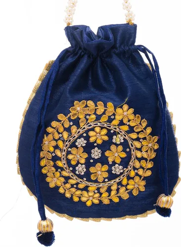 Vista 6 de Potli Bolso de mano Batawa bordado adornado hecho a mano, tradicional, étnico, dorado, trabajo, boda, bolso de mano para niñas y mujeres