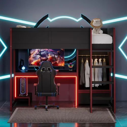 Vista 9 de KLMM Cama loft de madera creativa de tamaño individual con escritorio y estantes de almacenamiento múltiple, LED y un perchero para colgar ropa
