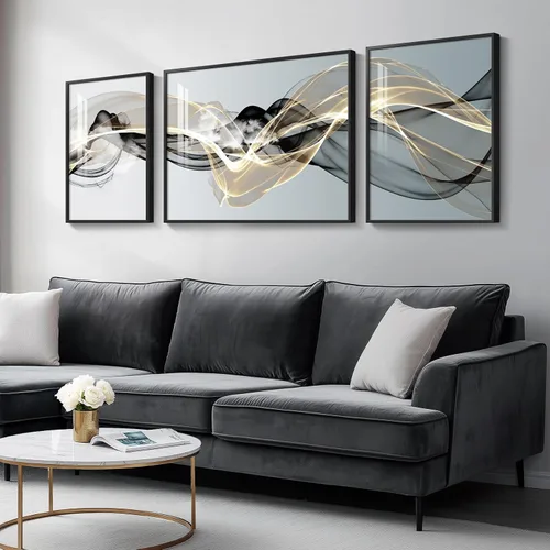 Vista 12 de Arte de pared moderno enmarcado en blanco y negro, 3 piezas de impresiones contemporáneas grandes para paredes, juego de 3 imágenes de hojas doradas