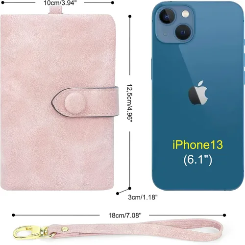 Vista 4 de Billeteras con bloqueo RFID para mujer, de gran capacidad, de cuero suave, cartera pequeña con correa para la muñeca, Rosado, Casual