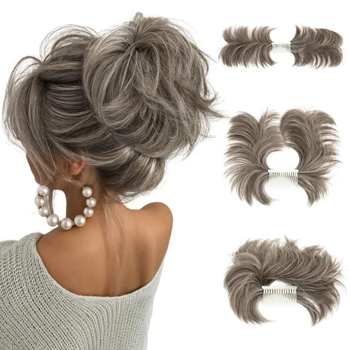 Vista 51 de Peine de moño desordenado con clip lateral para mujer, corto, natural, lacio, versátil, ajustable, fácil de peinar, (rubio ceniza-C)