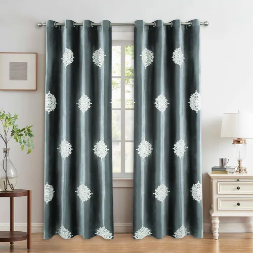 Vista 13 de VOGOL Cortinas opacas bordadas para sala de estar, paneles de cortina de terciopelo azul para dormitorio, 52 x 63 pulgadas, 2 paneles