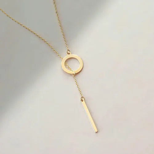 Vista 4 de 14k Real Gold Y-Necklace for Women 14k Gold Lariat Necklaces Vertical Bar Two Stars Leaves Rose Hamsa Hand Pendant Necklace Dainty Gold Jewelry