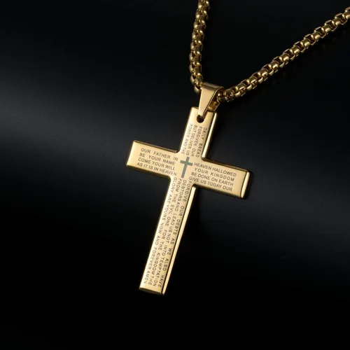 Vista 6 de Collar con colgante de cruz, chapado en oro de 18 quilates, cadena de acero inoxidable, simple sólido pulido cruz collar para hombres y niños