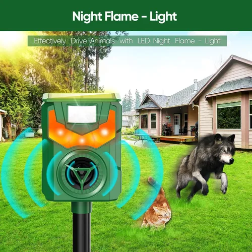 Vista 2 de Repelente ultrasónico de animales alimentado por energía solar, repelente de gatos al aire libre, alarma de ojos llameantes, repelente de animales