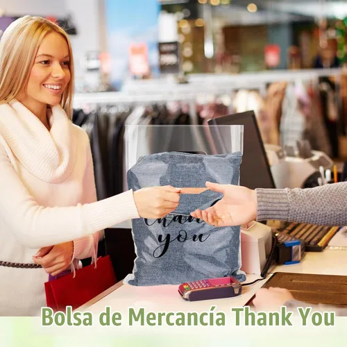 Vista 7 de Yeaqee 200 Piezas Bolsas Transparentes de Mercancía de Agradecimiento con Asas Troqueladas Bolsas de Compras de Plástico Reutilizables para Venta al