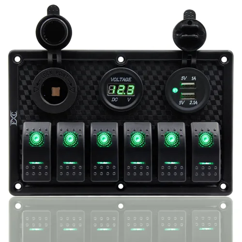 Vista 9 de Panel FXC impermeable, con ranura de doble puerto USB, fusibles de 4.2 A, visualización digital de voltaje, toma de encendedor y 4, 6 u 8 tipos
