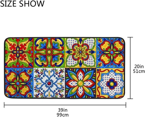 Vista 3 de Kuizee Alfombra de cocina con bloque de talavera mexicana, adorno étnico folclórico, mayólica, colorido, alfombra de baño, alfombra de entrada