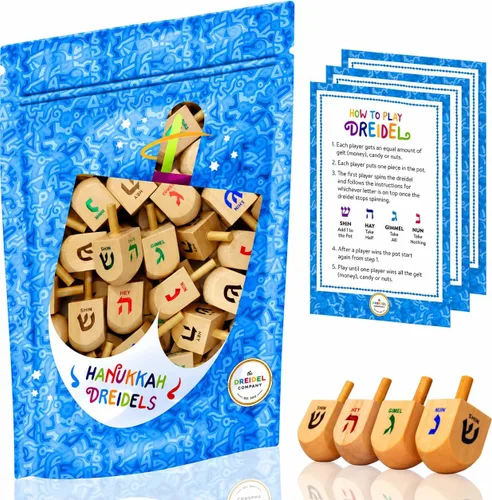 Vista 10 de Paquete de 10 Dreidels Hanukkah Draydel de madera natural con tarjetas de transliteración e instrucciones en inglés