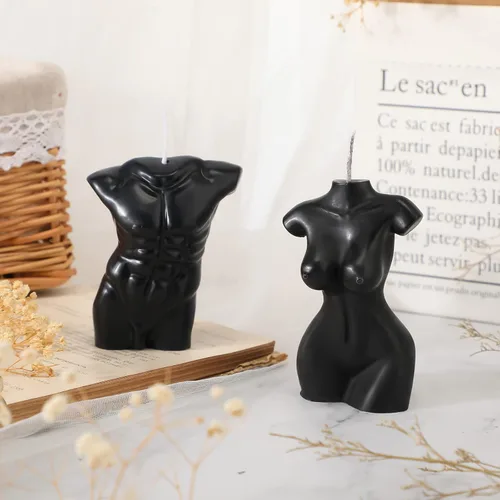 Vista 4 de Tondiamo 2 velas en forma de cuerpo femenino masculino cuerpo hombres torso cera de soja perfumada vela decorativa para dormitorio, baño, boda Negro