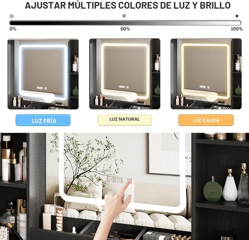 Vista 4 de Vabches Escritorio de tocador negro, espejo de tocador con luces, escritorio de maquillaje con taburete, mesa de maquillaje con grandes cajones