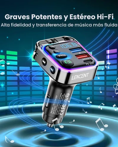 Vista 3 de LENCENT Bluetooth 5.3 Transmisor FM Adaptador de coche 48W (PD30W y QC18W)