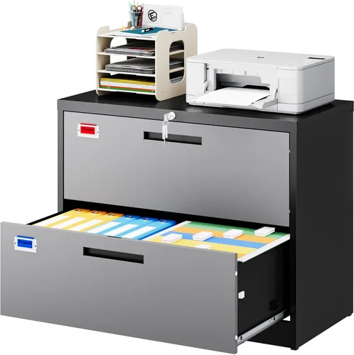 Vista 4 de PEUKC Archivador de 2 cajones, archivadores laterales para oficina en casa, cajones de almacenamiento de oficina con cerradura, archivos colgantes