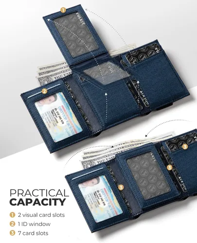Vista 3 de VULKIT Cartera minimalista de cuero con bloqueo RFID triple con banda elástica, soporte delgado para tarjetas de crédito con 3 ventanas
