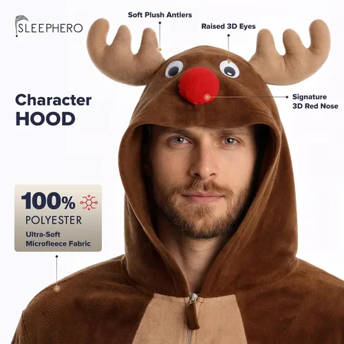 Vista 7 de SLEEPHERO Mono de forro polar para hombre, traje de unión con cremallera completa y capucha, pijama suave de una pieza para adultos Reno divertido