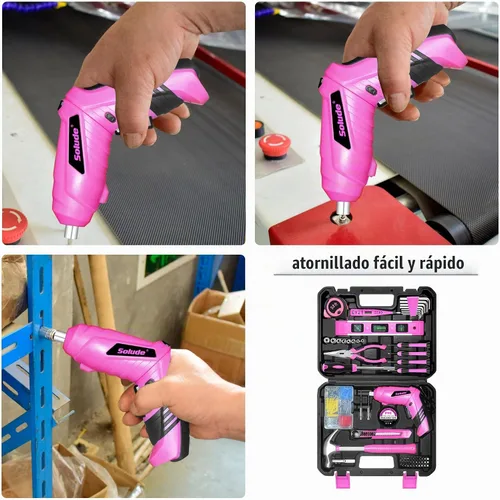 Vista 7 de Juego de herramientas rosa, juego de 130 piezas para el hogar para mujeres con destornillador recargable inalámbrico de 3.6V, juego básico