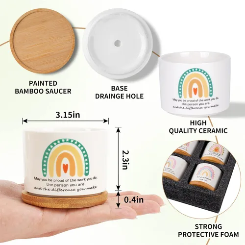 Vista 2 de SAIWEILAI - Juego de 9 macetas de cerámica para suculentas con bandejas de bambú, macetas redondas pintadas para decoración de escritorio