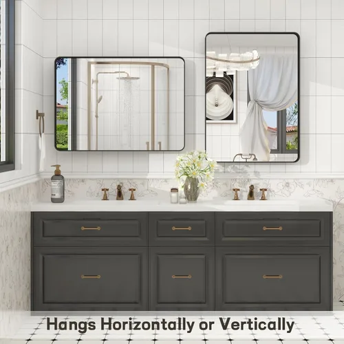 Vista 5 de Espejo rectangular para pared de baño de 20x30 pulgadas con marco negro mate, espejo de tocador con esquinas redondeadas, espejo de baño de metal