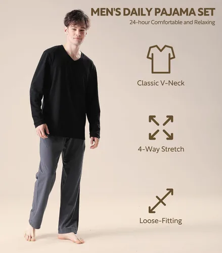 Vista 3 de DAVID ARCHY Conjunto de pijama para hombre, de algodón suave, de manga larga, cómodo, con bolsillos
