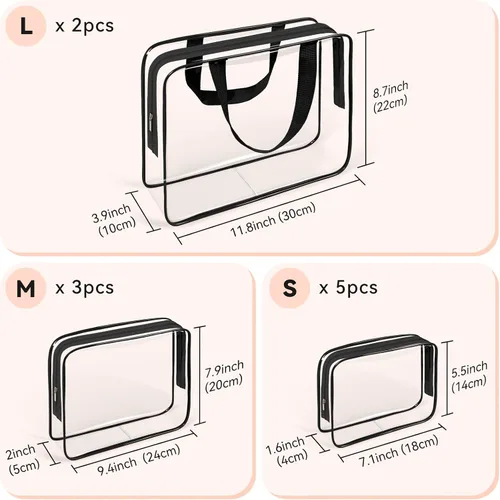 Vista 2 de TISRATOK Neceser de maquillaje transparente de viaje de 10 piezas, plástico PVC cosmético aprobado por la TSA Kit organizador con bolso con Negro