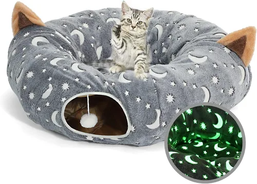 Vista 10 de Túnel Tubo para Gatos con Juguetes de Pelotas de Felpa Plegable Auto-Luminoso Fotoluminiscencia, para Mascotas Pequeñas Conejitos Conejos, Gatitos