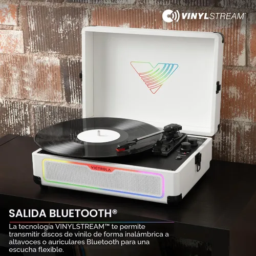 Vista 6 de Victrola Journey Glow - Tocadiscos de maleta iluminada - 18 efectos de luz RGB, altavoces estéreo con graves mejorados, transmisión Bluetooth (negro)