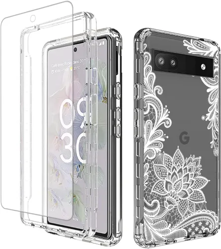 Vista 8 de Funda para Pixel 6A, para Google6A GX7AS con protector de pantalla de vidrio templado, cubierta protectora de cuerpo completo con bonito patrón Flor