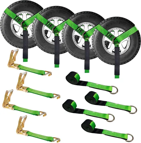 Vista 10 de Mega Cargo Control Juego de 4 correas de lazo de anillo D de elevación de rueda de 2 pulgadas x 10 pies con (4) trinquetes de 2 pulgadas, (4)