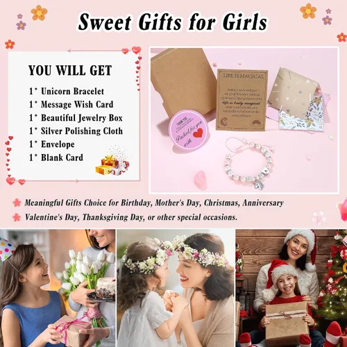 Vista 7 de Hidepoo Pulsera de unicornio - Pulsera de perlas rosas y bolas de diamantes de imitación con inicial de corazón, pulseras de unicornio, joyería