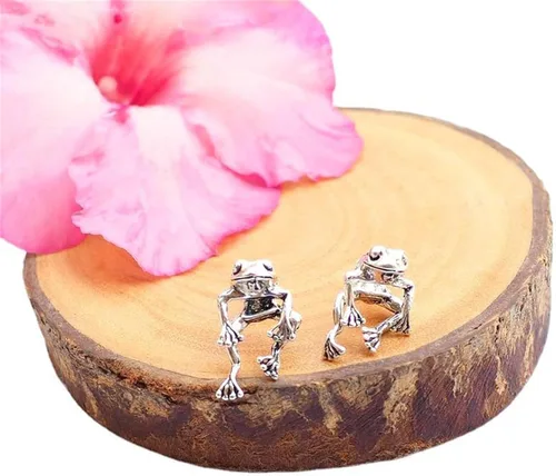 Vista 4 de Aretes de rana para niñas, lindos aretes de animal para mujer, regalos de aniversario de cumpleaños