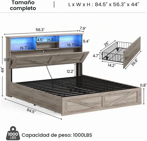 Vista 2 de AOGLLATI - Base de cama de tamaño matrimonial estilo granja con 4 cajones de almacenamiento y estación de carga, base de cama completa de madera