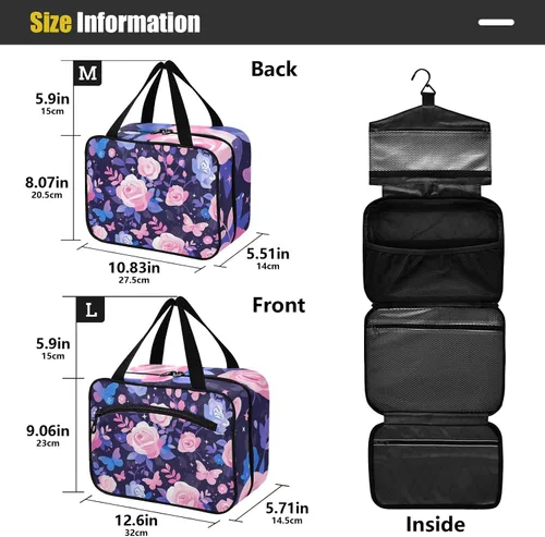 Vista 3 de Purple Peach Elegant Blooms bolsas de aseo de viaje colgantes para mujeres con gancho, bolso esencial de diseñador para el cuidado de la piel