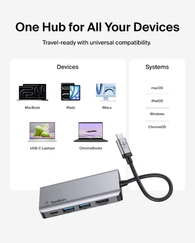 Vista 7 de Belkin Hub USB C, base multipuerto 4 en 1 para laptop con HDMI 4K, estación de acoplamiento USB C con entrega de alimentación de paso de 100 vatios
