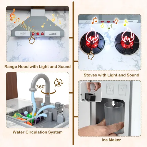 Vista 2 de Costzon Juego de cocina para niños, juego de cocina de juguete de simulación para niños pequeños con luces y sonidos reales, fregadero y grifo