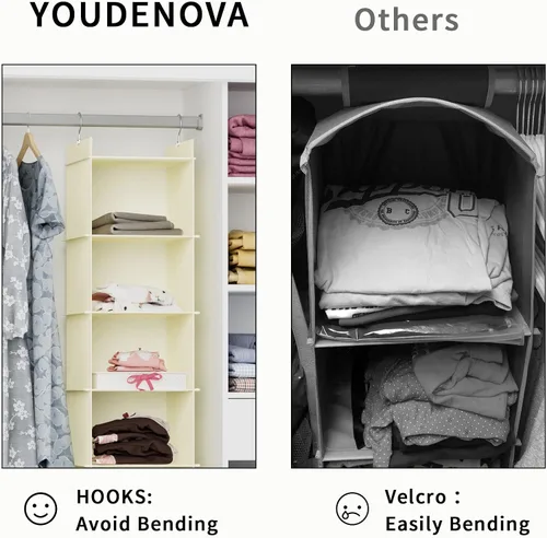 Vista 5 de YOUDENOVA Organizador colgante de armario, 4 estantes colgantes para armario, color beige