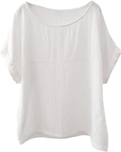 Vista 2 de Soojun - Blusa de algodón y lino para mujer, cuello redondo, diseño entramado