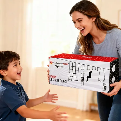 Vista 6 de Carrera de obstáculos Ninja Warrior para niños, kit de línea floja de 2 x 56 pies con 8 accesorios ninja + hebillas de ajuste rápido, barra de mono