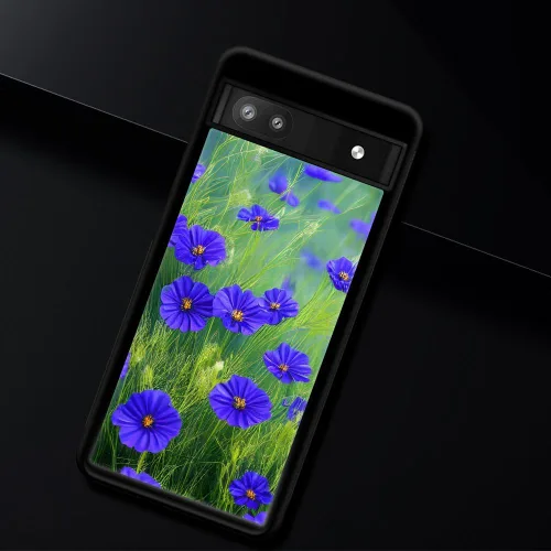 Vista 7 de CARLOCA Funda compatible con Google Pixel 6A, patrón de hierba de flores azules, ultra protección, a prueba de golpes, silicona suave, TPU