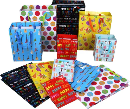 Vista 2 de 12 bolsas de regalo de cumpleaños, grandes, medianas y pequeñas, surtido de bolsas de regalo para niños, niñas, mujeres, hombres (tamaños surtidos)