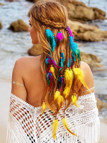 Vista 3 de Diadema bohemia de plumas para festival, accesorios para el cabello largo gitano bohemio con cuentas hippie para mujer (patrón 3)