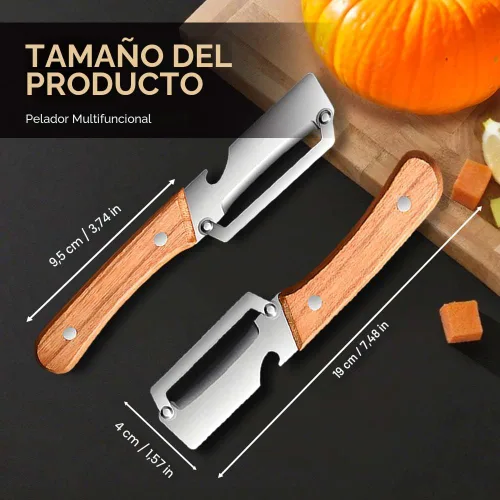 Vista 2 de Pelador de verduras multifuncional, hoja de acero inoxidable con mango de madera para frutas y verduras (1 unidad)