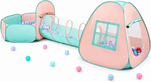 Vista 8 de Tienda de campaña desplegable 3 en 1 para niños con túnel y piscina de pelotas para niños, niñas, bebés y niños pequeños, casa